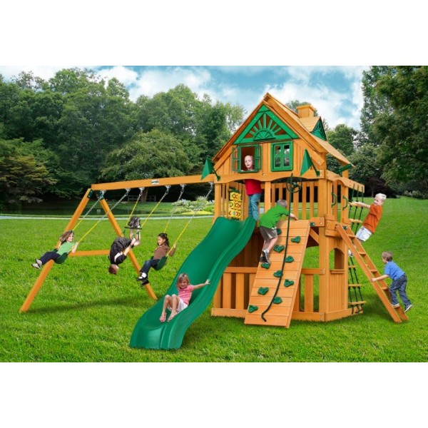 Gorilla Chateau Clubhouse Cedar Wood Swing Set Kit W Amber Posts And Deluxe Green Vinyl Canopy Amber 01 0035 Ap 1