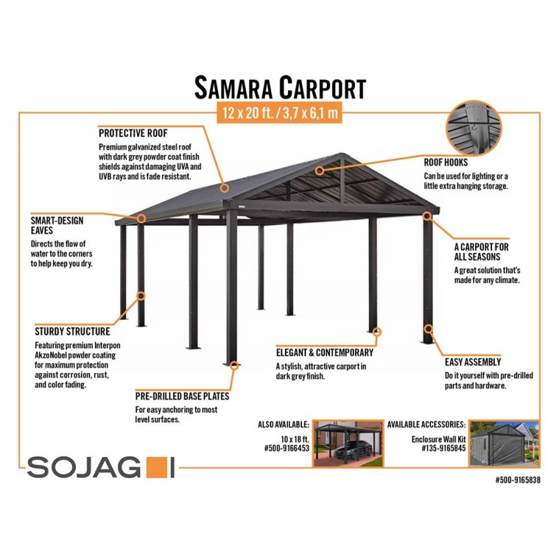 Sojag 12x20 Samara Steel Carport Kit - Dark Gray (500-9165838)