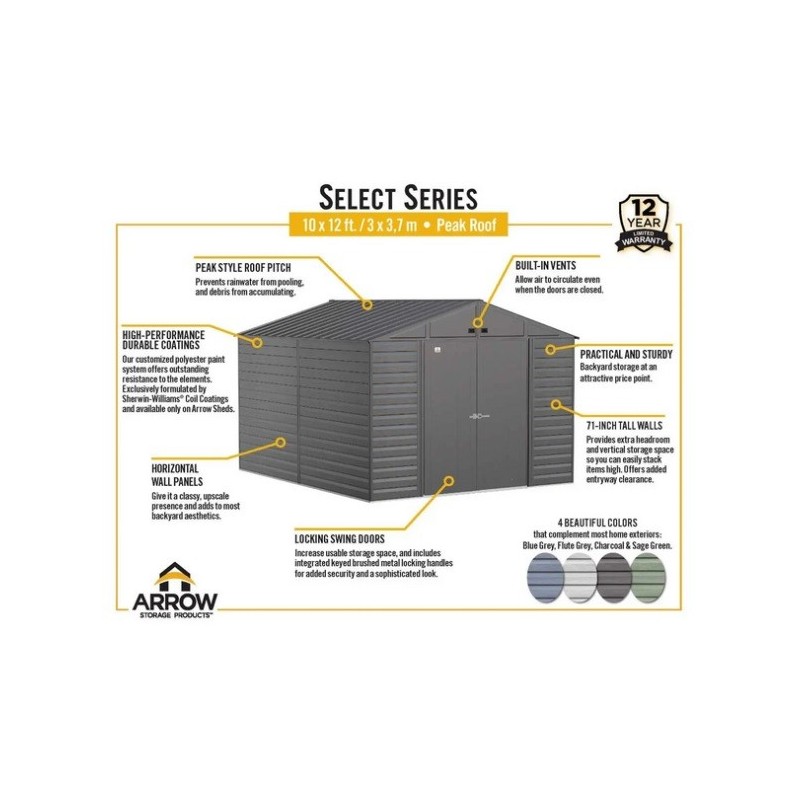 Arrow Select 10x12 Steel Storage Shed Kit - Sage Green (SCG1012SG)