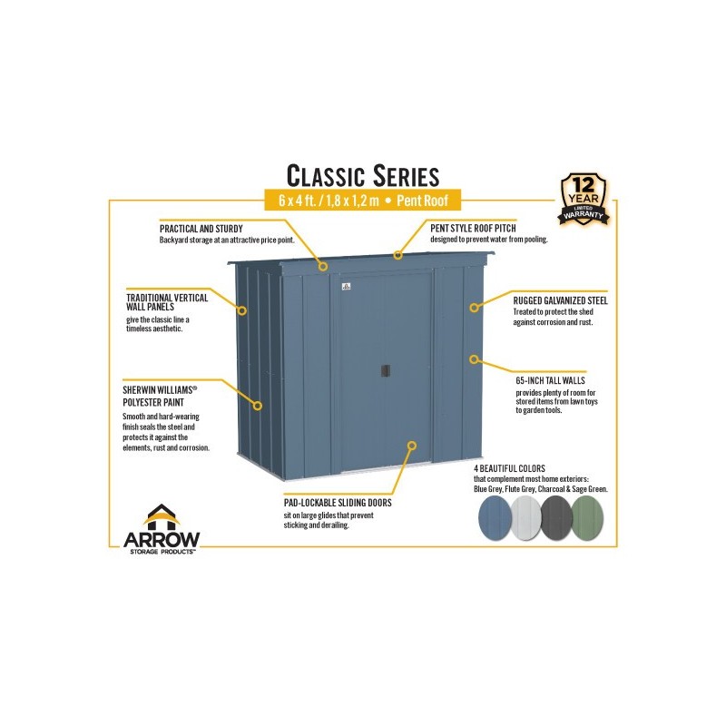 Arrow Classic 6x4 Steel Storage Shed Kit - Blue Grey (CLP64BG)