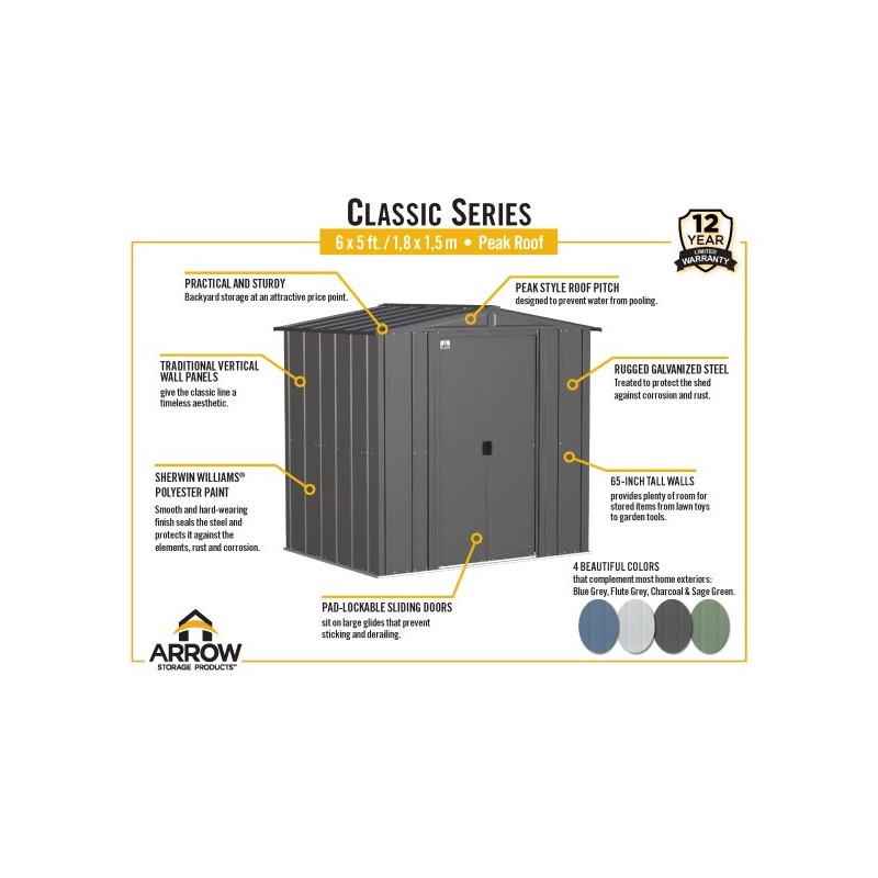 Arrow Classic 6x5 Steel Storage Shed Kit - Charcoal (CLG65CC)