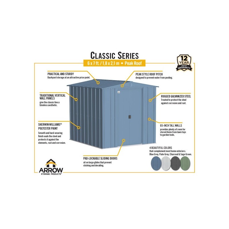 Arrow Classic 6x7 Steel Storage Shed Kit - Blue Grey (CLG67BG)