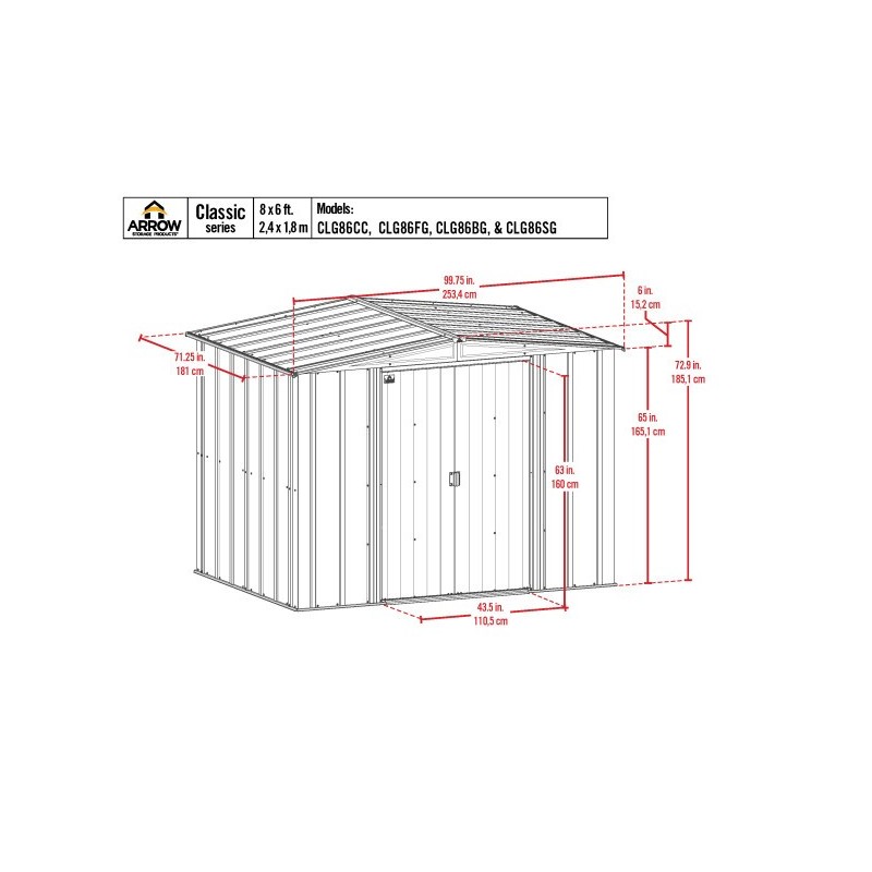 Arrow Classic 8x6 Steel Storage Shed Kit - Flute Grey (CLG86FG)