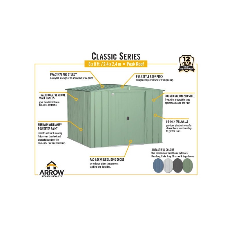 Arrow Classic 8x8 Steel Storage Shed Kit - Sage Green (CLG88SG)