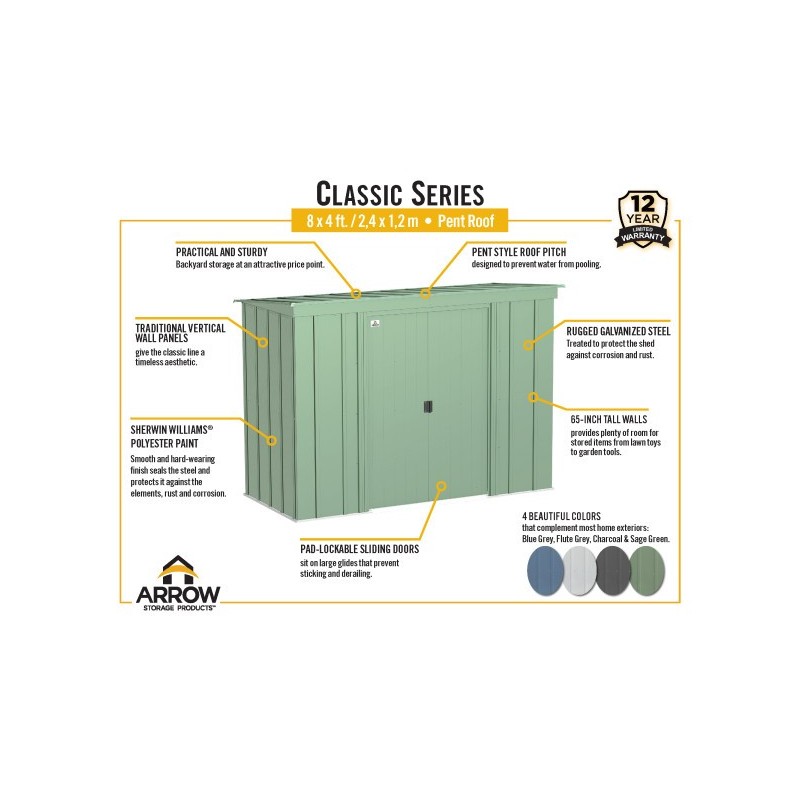 Arrow Classic 8x4 Steel Storage Shed Kit - Flute Grey (CLP84FG)