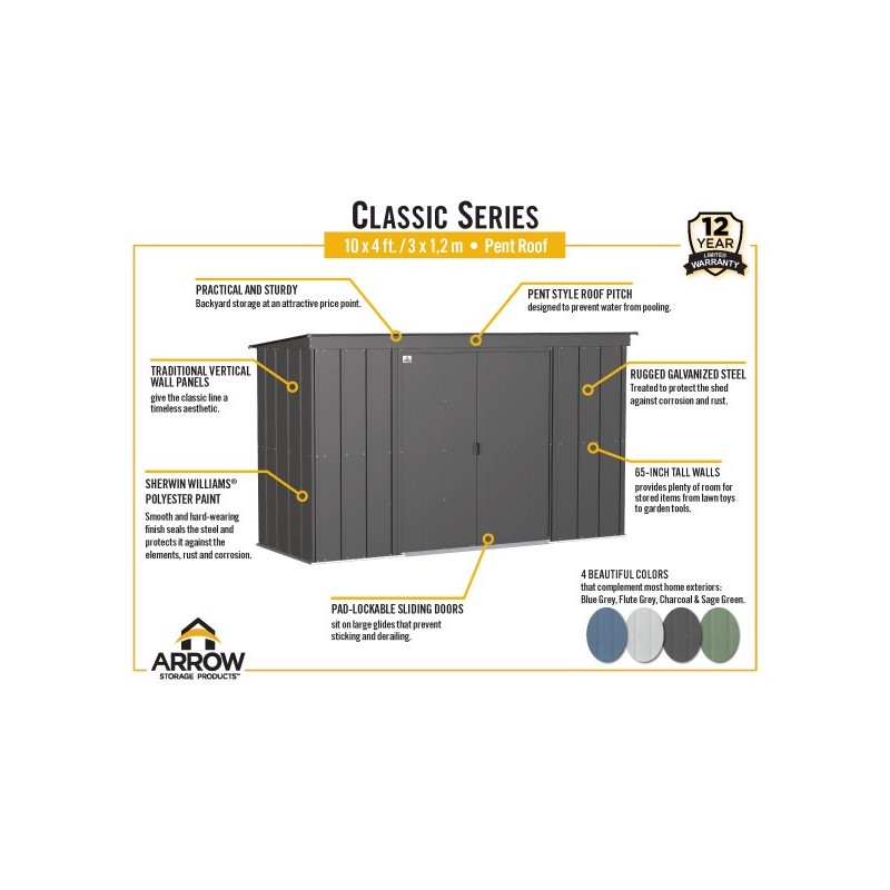 Arrow Classic 10x4 Steel Storage Shed Kit - Charcoal (CLP104CC)