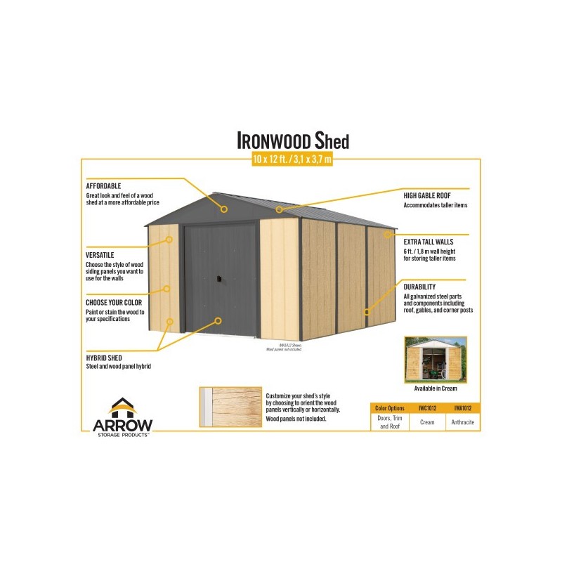 Arrow Ironwood 10x12 Steel Hybrid Shed Kit - Galvanized Anthracite (IWA1012)