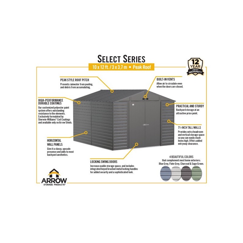 Arrow Select 10x12 Steel Storage Shed Kit - Blue Grey (SCG1012BG)