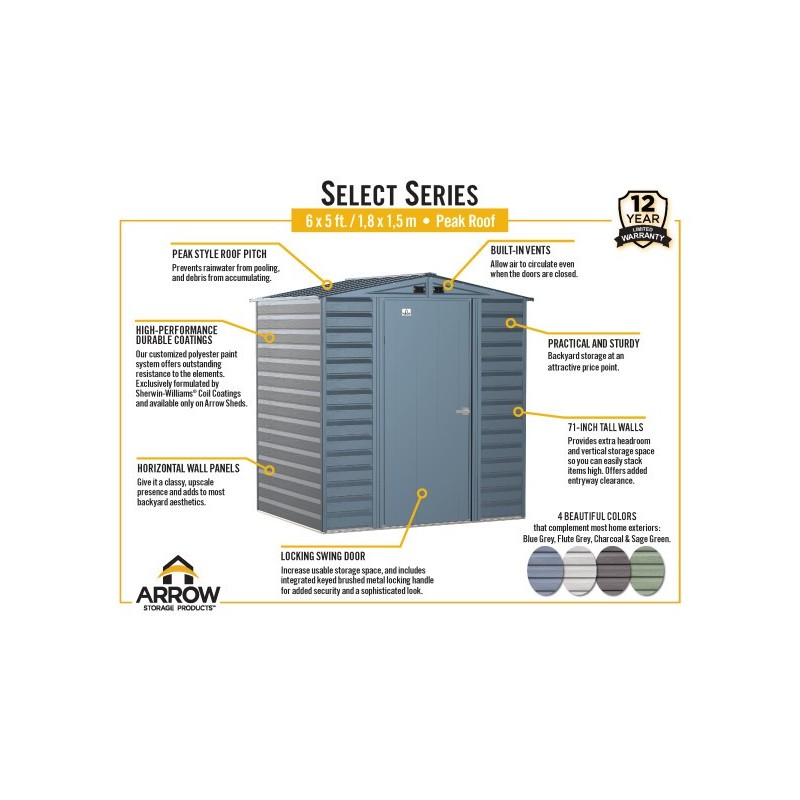 Arrow Select 6x5 Steel Storage Shed Kit - Flute Grey (SCG65FG)