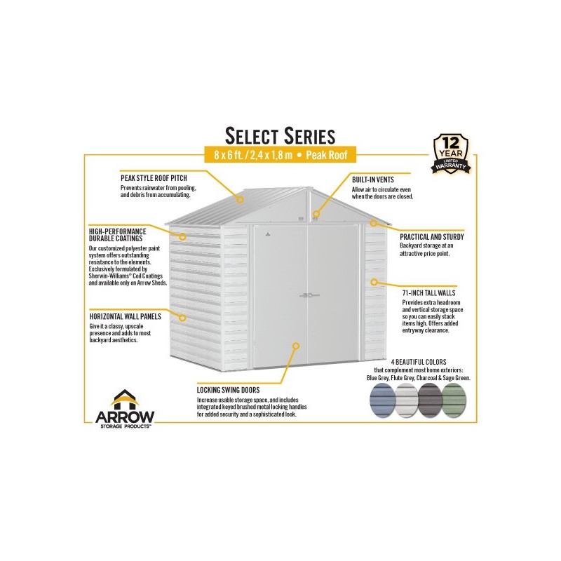 Arrow Select 8x6 Steel Storage Shed Kit - Sage Green (SCG86SG)