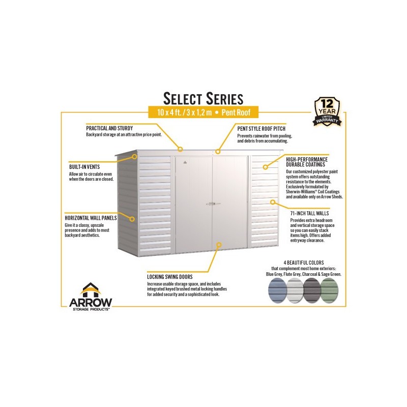 Arrow Select 10x4 Steel Storage Shed Kit - Flute Grey (SCP104FG)
