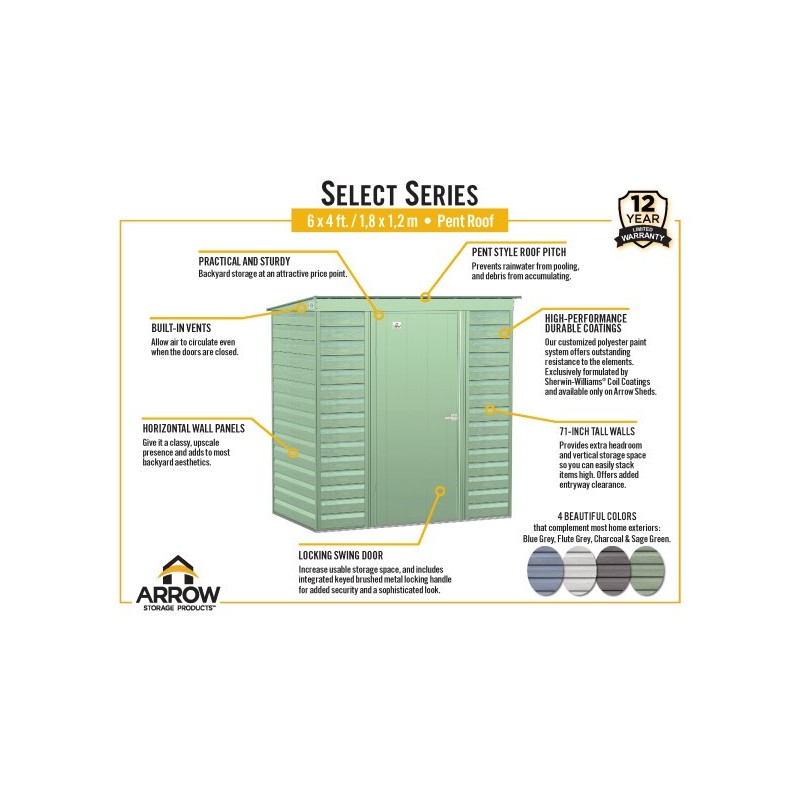 Arrow Select 6x4 Steel Storage Shed Kit - Flute Grey (SCP64FG)
