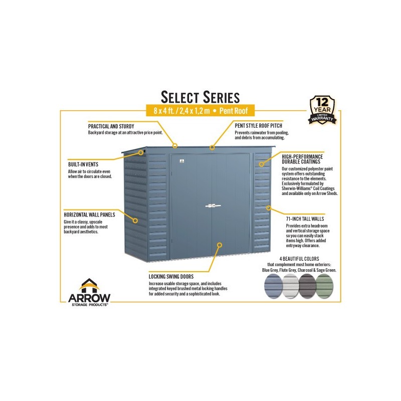 Arrow Select 8x4 Steel Storage Shed Kit - Blue Grey (SCP84BG)
