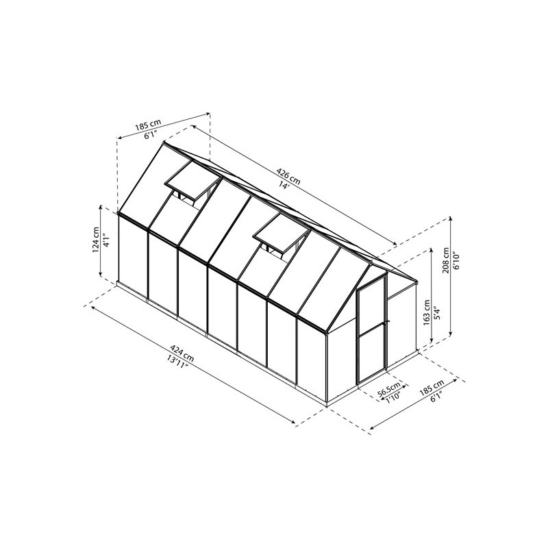 Palram – Canopia 6x14 Mythos Hobby Greenhouse Kit - Silver (HG5014) Measurements