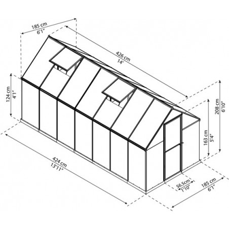 Palram – Canopia 6x14 Mythos Hobby Greenhouse Kit - Silver (HG5014) Measurements