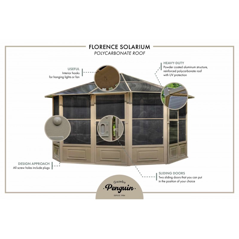Gazebo Penguin Florence - Solarium 12x12 Polycarbonate Roof - Sand (41212-12)