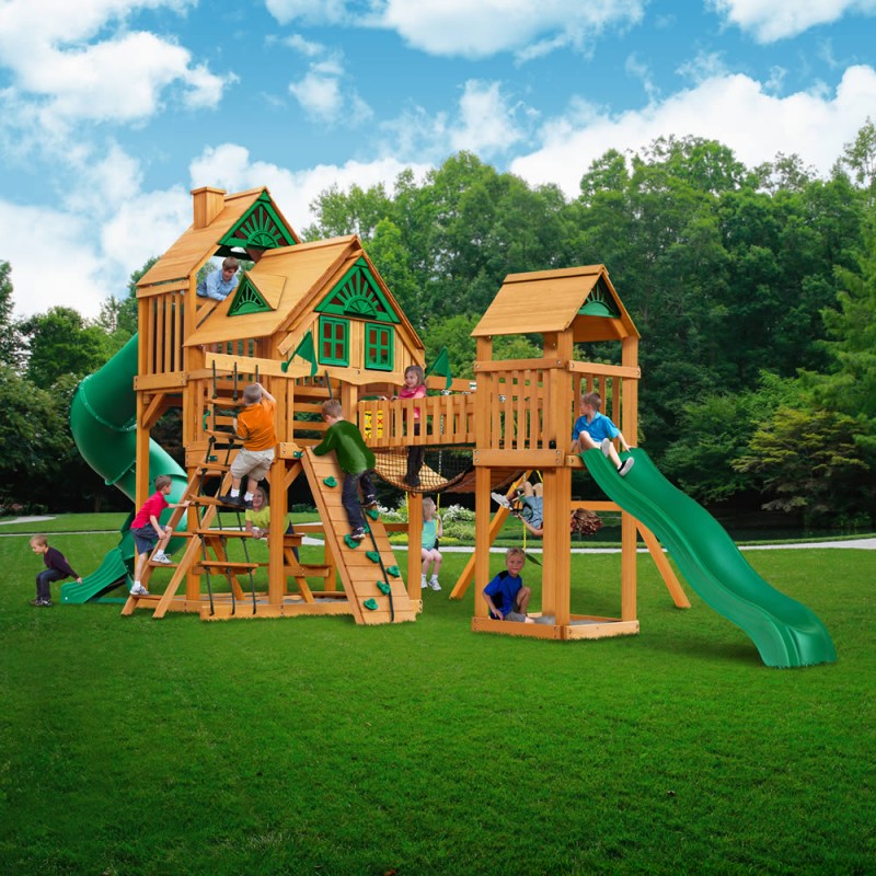 Gorilla Treasure Trove I Cedar Swing Set Kit w/ Deluxe Treehouse Wood Roof (01-1037-AP)