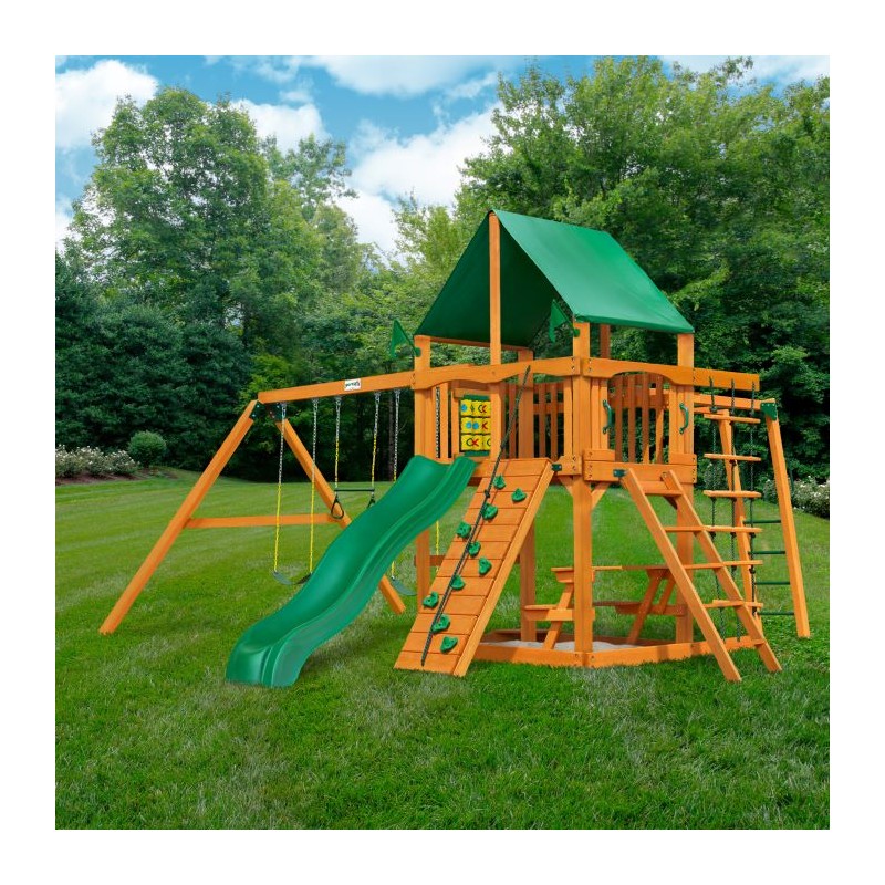 Gorilla Navigator Cedar Wood Swing Set Kit w/ Amber Posts and Deluxe Green Vinyl Canopy - Amber (01-0020-AP-1)