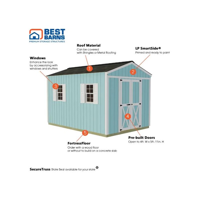 Best Barns Handmade Haven Mini 8x12 Wood Storage Shed Kit w/ Centered Door on Gable (HMINDG12)