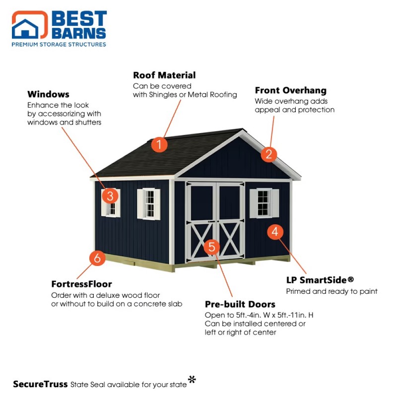 Best Barns Backyard Basecamp 12x12 Pre-Cut Wood Shed Kit w/ Centered Gable Door - (BBASDG12C)