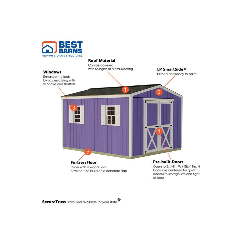 Best Barns Handmade Haven 10x12 Wood Shed Kit w/ Centered Gable Door (HHAVDG12)