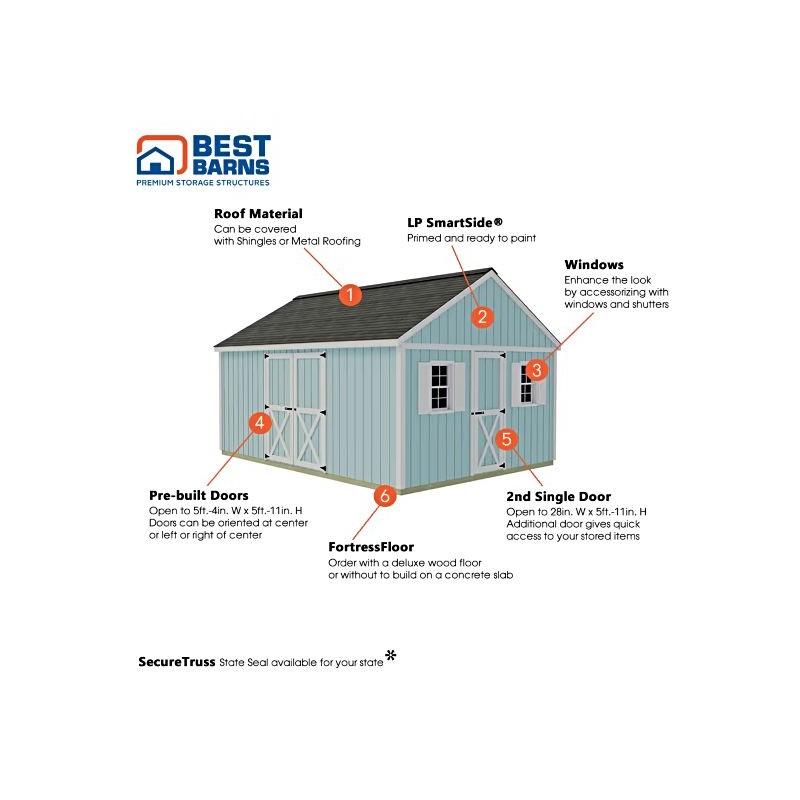 Best Barns Crafter's Connection 12x16 Pre-Cut Wood Shed Kit w/ Centered Eave Barn Doors & Gable Walk-In Door (CCONSG16C)