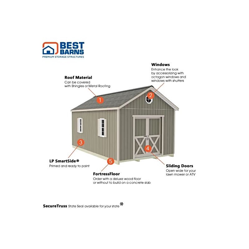 Best Barns Shedquarters 12x20 Wood Storage Shed Kit w/ Centered Sliding Doors on Gable (SQUASD20)