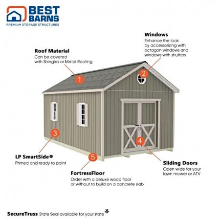 Best Barns Shedquarters 12x20 Wood Storage Shed Kit w/ Centered Sliding Doors on Gable (SQUASD20)