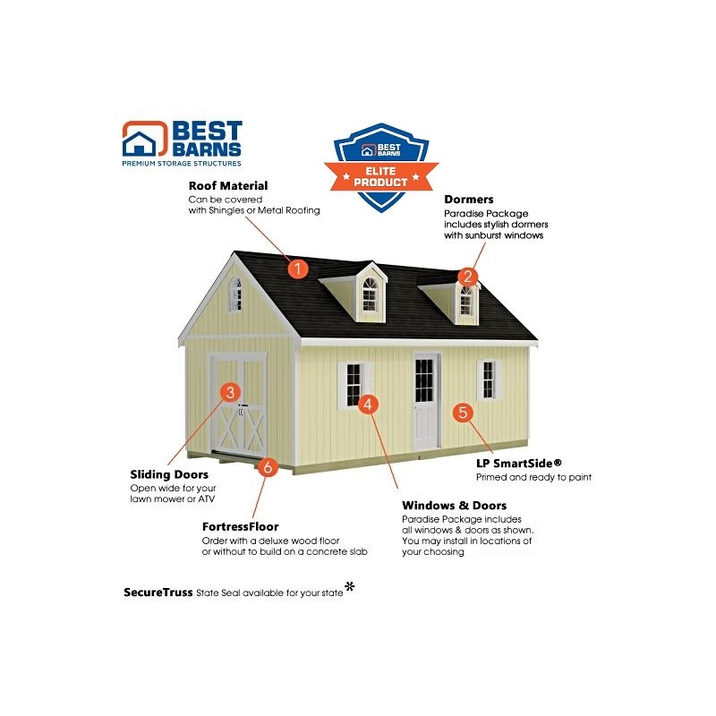 Best Barns Planner's Paradise Elite 12x20 Pre-Cut Wood Shed Kit w/ Sliding Doors & Dormer (PPARSD20DR)