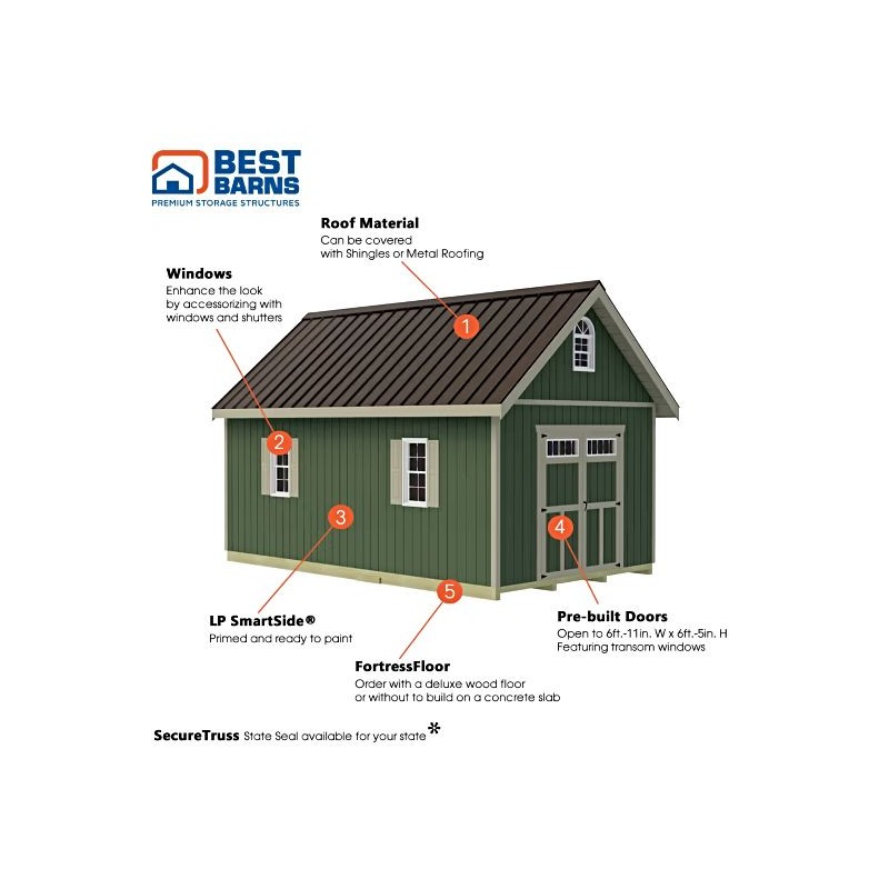 Best Barns Planner’s Paradise 12x20 Pre-Cut Wood Shed Kit w/ Transom Doors – (PPARTD20)