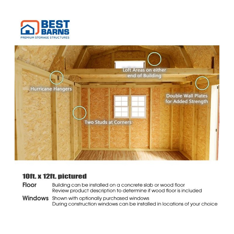 Best Barns Craftsman's Cove Premium 10x12 Wood Barn Kit w/ Doors Centered on Eave - (CCOVDE12)