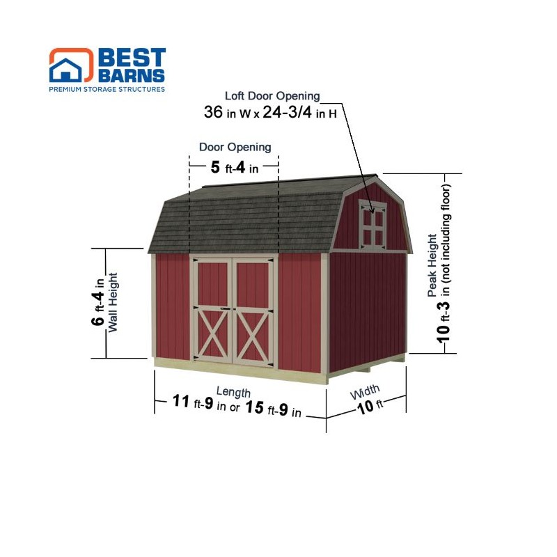 Best Barns Craftsman's Cove Premium 10x12 Wood Barn Kit w/ Doors Centered on Eave - (CCOVDE12)