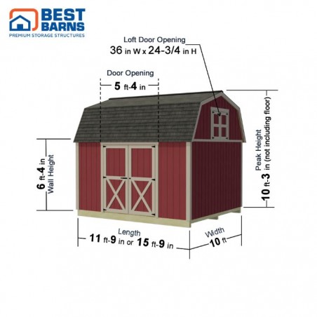Best Barns Craftsman's Cove Premium 10x12 Wood Barn Kit w/ Doors Centered on Eave - (CCOVDE12)