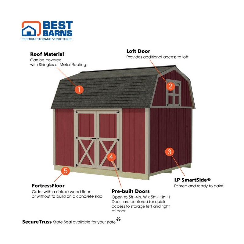 Best Barns Craftsman's Cove Premium 10x12 Wood Barn Kit w/ Doors Centered on Eave - (CCOVDE12)