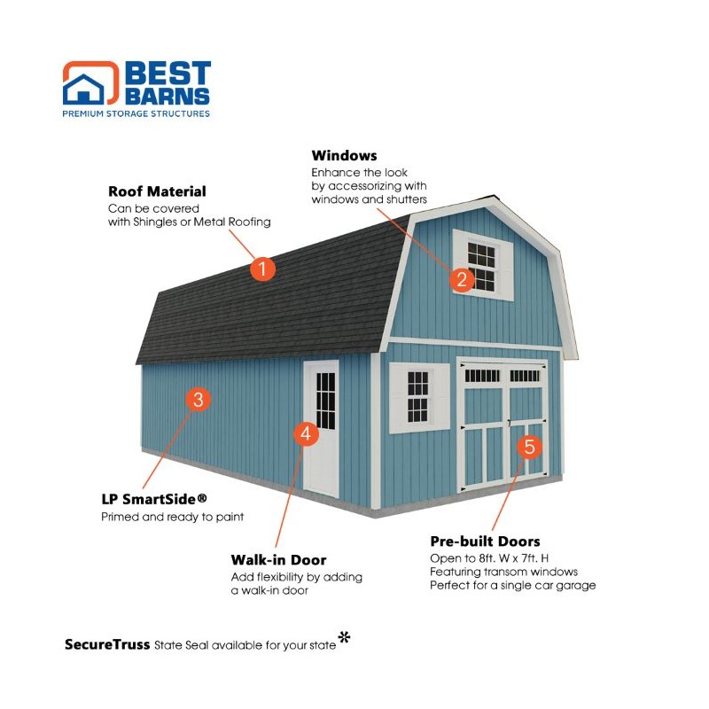 Best Barns Handcrafted Homestead 16x24 XL Wood Barn Kit with Transom Doors - (HHOMTD24)