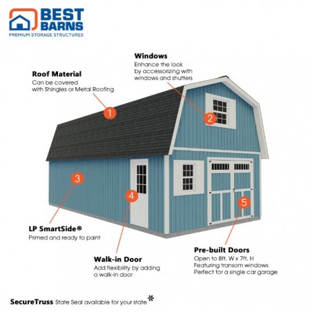Best Barns Handcrafted Homestead 16x28 XL Wood Barn Kit with Transom Doors - (HHOMTD28)