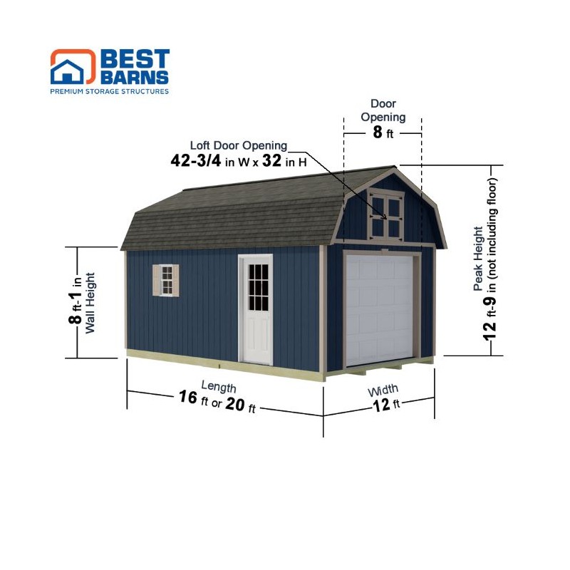 Best Barns Maker's Loft 12x16 Premium Garage Kit w/ Gambrel Roof & Split Loft, No Doors (MLOFND16LF)