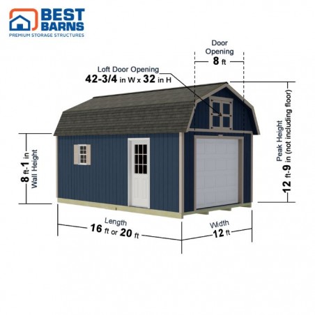 Best Barns Maker's Loft 12x16 Premium Garage Kit w/ Gambrel Roof & Split Loft, No Doors (MLOFND16LF)