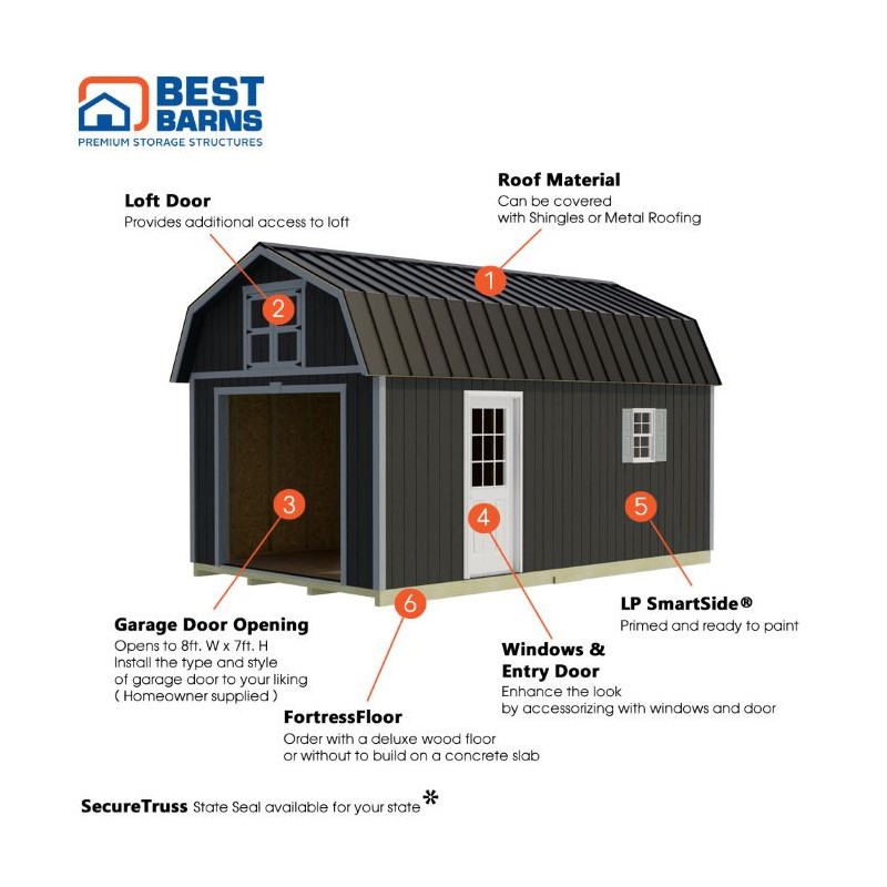 Best Barns Maker's Loft 12x16 Premium Garage Kit w/ Gambrel Roof & Split Loft, No Doors (MLOFND16LF)