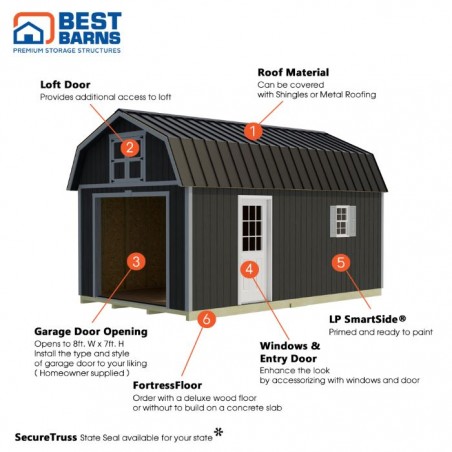 Best Barns Maker's Loft 12x16 Premium Garage Kit w/ Gambrel Roof & Split Loft, No Doors (MLOFND16LF)
