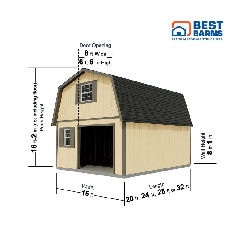 Best Barns Maker's Loft 16x24 XL Wood Garage Kit w/ Gambrel Roof, Loft Storage & Stairs (MLOFND24)