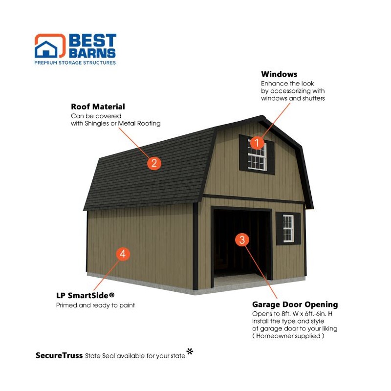 Best Barns Maker's Loft 16x24 XL Wood Garage Kit w/ Gambrel Roof, Loft Storage & Stairs (MLOFND24)