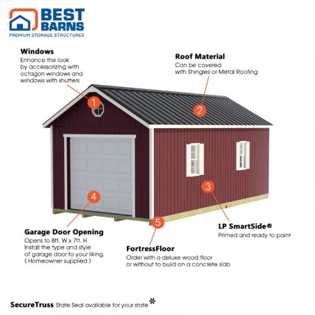 Best Barns Tailored Titan Standard 12x20 Wood Garage Kit w/ 6/12 Pitch Roof, No Doors (TTITND20)