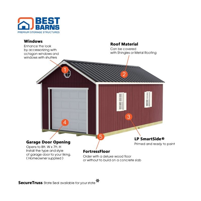Best Barns Tailored Titan Standard 12x24 Wood Garage Kit w/ 6/12 Pitch Roof, No Doors (TTITND24)