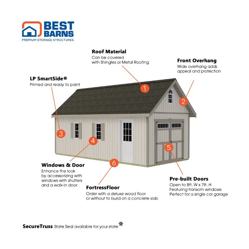 Best Barns Tailored Titan 12x20 Wood Garage Kit w/ Transom Doors - ( TTITTD20 )
