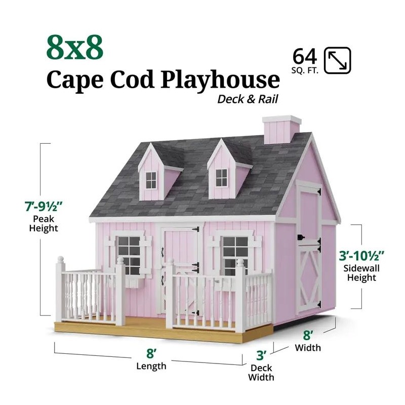 Little Cottage Co. 8x8 Cape Cod Panelized Wood Playhouse Kit with Deck & Rail - (8x8 CCP-PNK-DR)