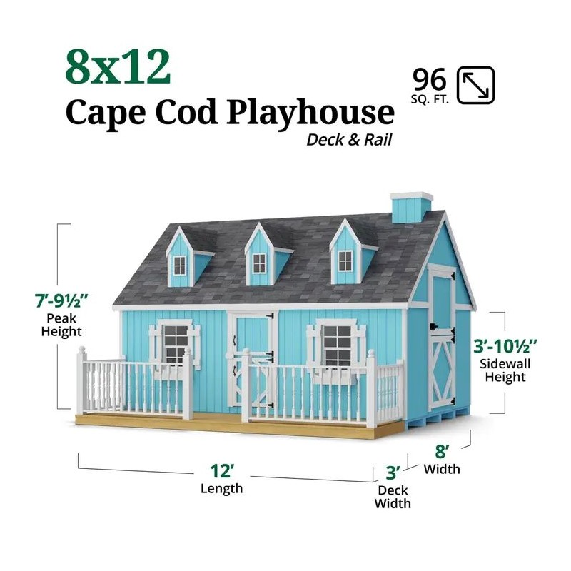 Little Cottage Co. 8x12 Cape Cod Panelized Wood Playhouse Kit with Deck & Rail - (8x12 CCP-PNK-DR)
