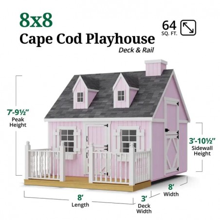 Little Cottage Co. 8x8 Cape Cod Panelized Wood Playhouse Kit with Loft, Deck & Rail - (8x8 CCP-PNK-DR-LFT)