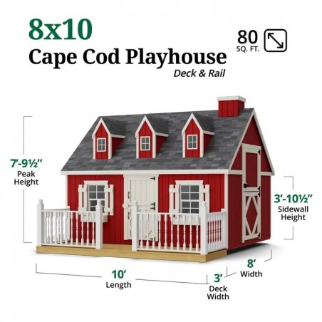 Little Cottage Co. 8x10 Cape Cod Panelized Wood Playhouse Kit with Loft, Deck & Rail - (8x10 CCP-PNK-DR-LFT)