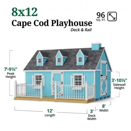 Little Cottage Co. 8x12 Cape Cod Panelized Wood Playhouse Kit with Loft, Deck & Rail - (8x12 CCP-PNK-DR-LFT)